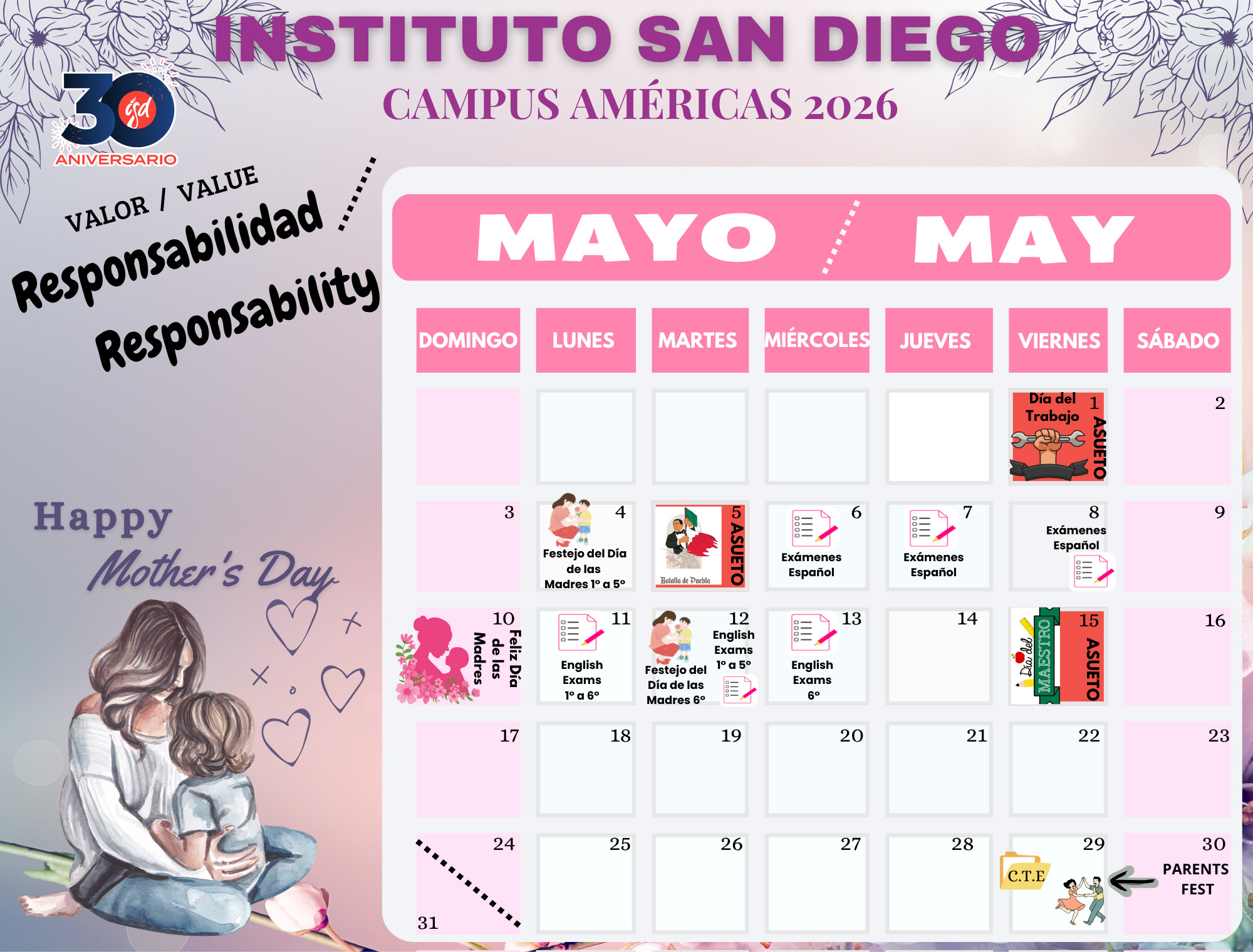 Calendario mensual de Primaria del campus Las Américas correspondiente a mayo de 2026