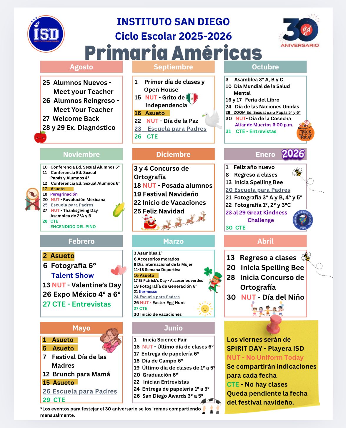 Calendario anual de Primaria del campus Las Américas del Instituto San Diego, ciclo escolar 2025-2026, con los eventos mes a mes de agosto a junio