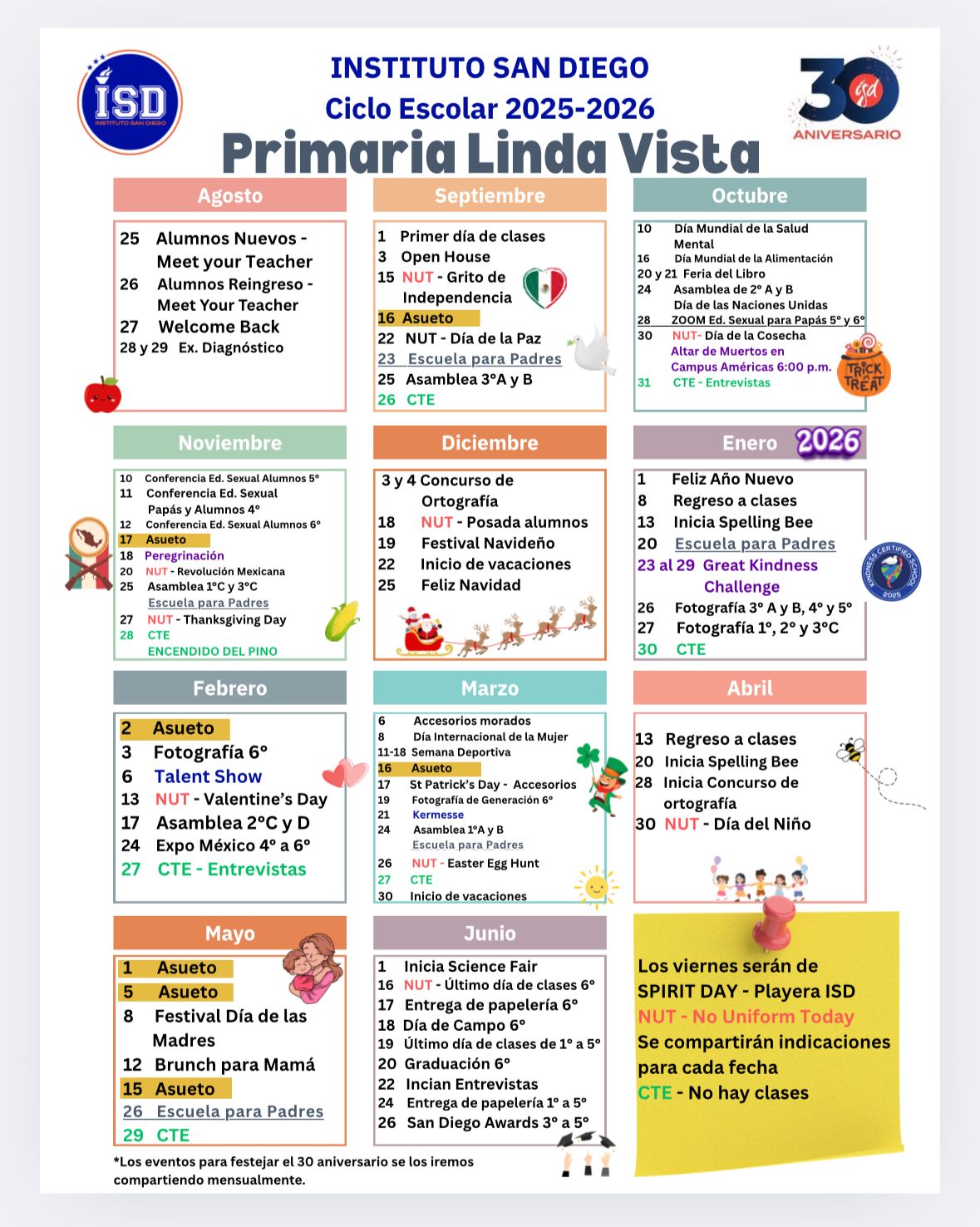 Calendario anual de Primaria del campus Linda Vista del Instituto San Diego, ciclo escolar 2025-2026, con los eventos mes a mes de agosto a junio