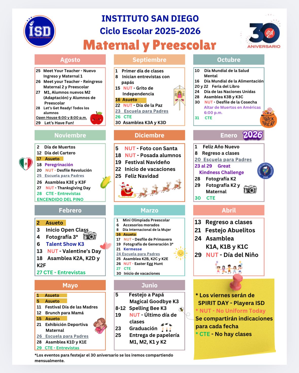 Calendario anual de Maternal y Preescolar del Instituto San Diego, ciclo escolar 2025-2026, con los eventos mes a mes de agosto a junio