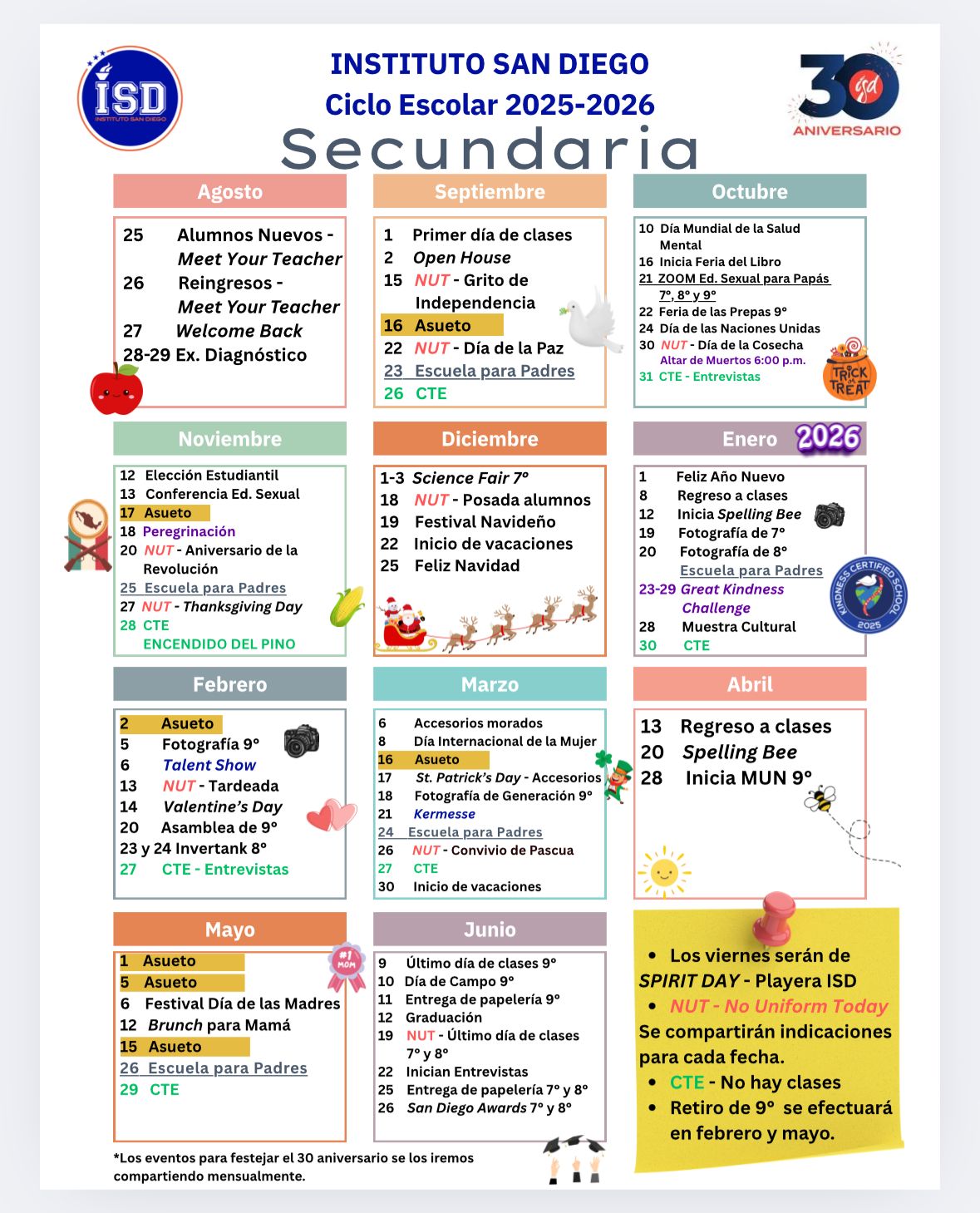 Calendario anual de Secundaria del Instituto San Diego, ciclo escolar 2025-2026, con los eventos mes a mes de agosto a junio