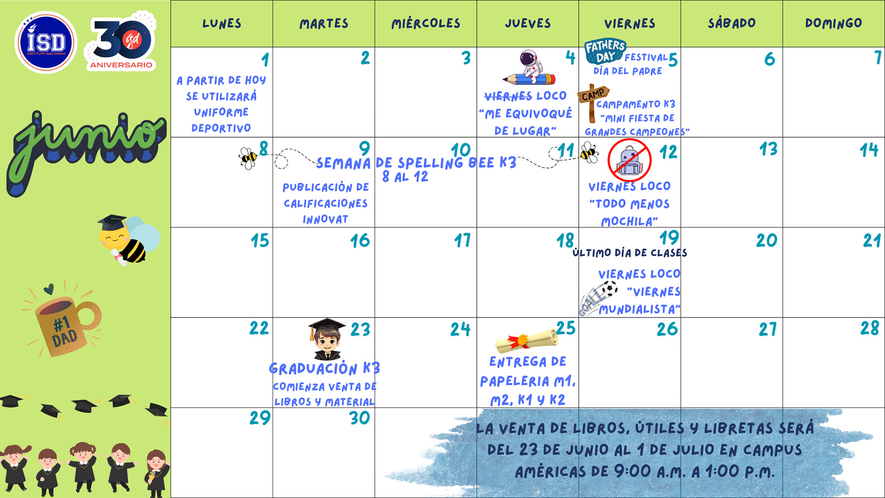 Calendario mensual de Kínder y Maternal correspondiente a junio de 2026
