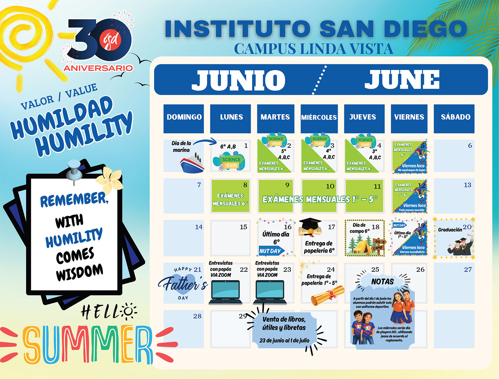 Calendario mensual de Primaria del campus Linda Vista correspondiente a mayo de 2026