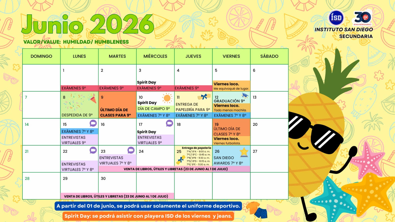 Calendario mensual de Secundaria correspondiente a junio de 2025