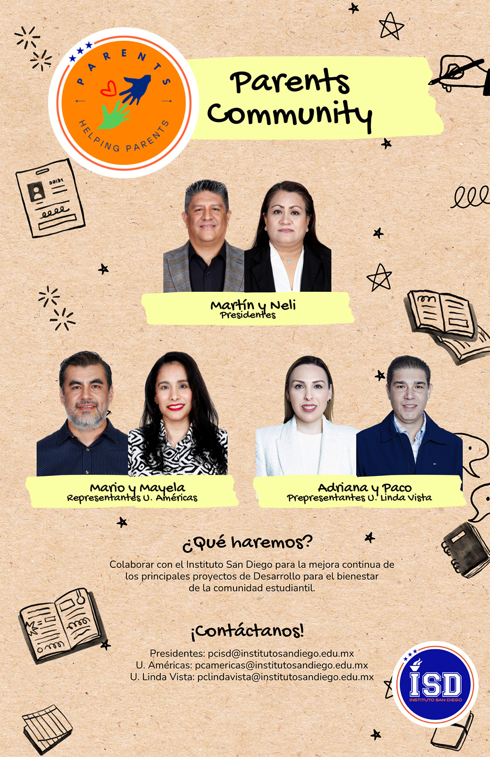 Cartel de Parents Community del Instituto San Diego con sus presidentes, los representantes de las unidades Américas y Linda Vista y los correos de contacto