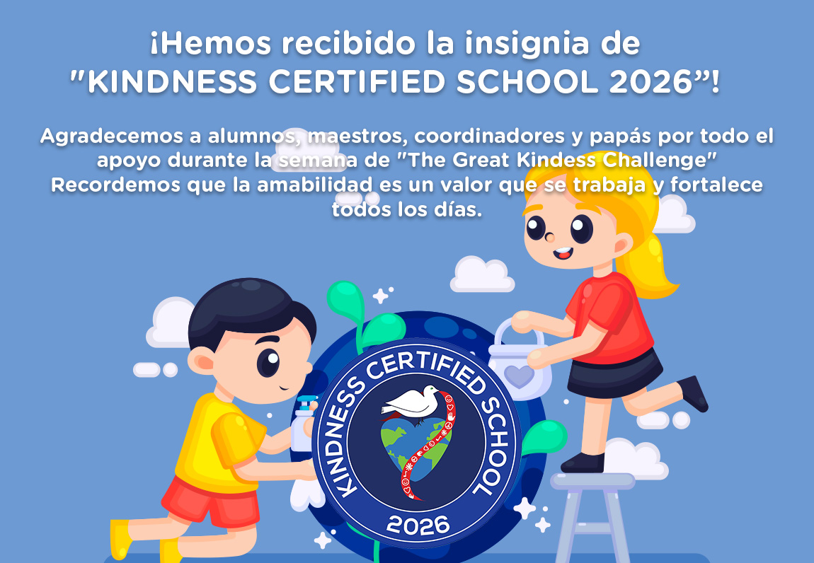 Cartel del aviso: «¡Hemos recibido la insignia de Kindness Certified School 2026!», con dos niños ilustrados sosteniendo el sello del reconocimiento